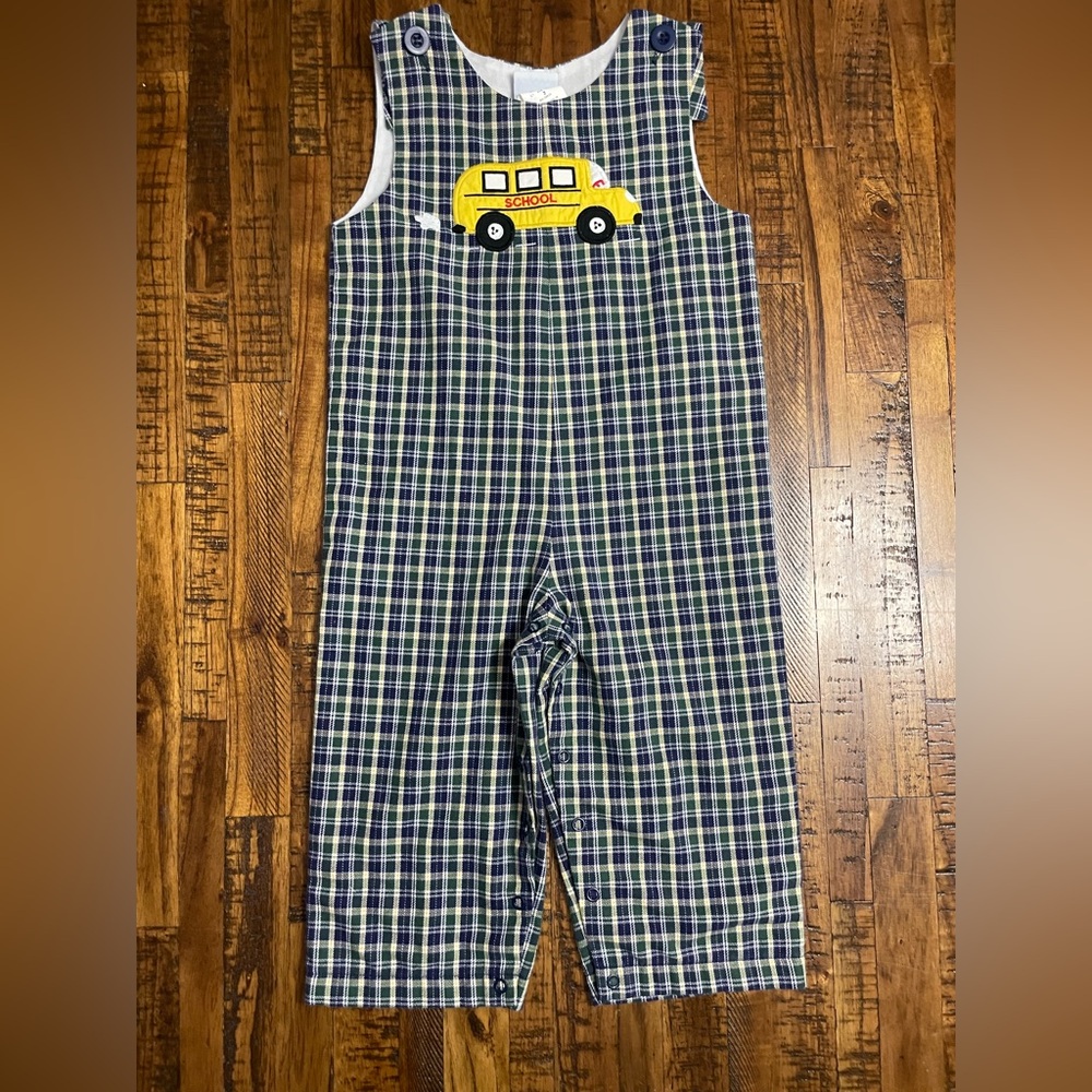 Kelly's Kids Blue Plaid Romper with Yellow School Bus Appliqué